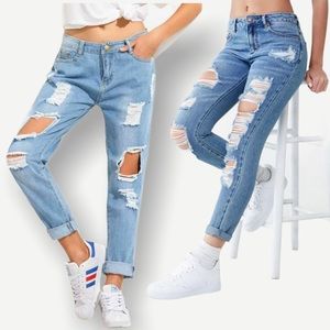 Distressed Boyfriend Fit Medium Denim Jeans